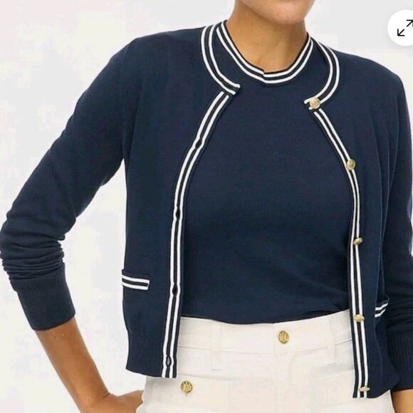 J. Crew Factory cg784 Navy Blue Contrast-trim Cardigan Sweater For Women size s - Picture 3 of 9